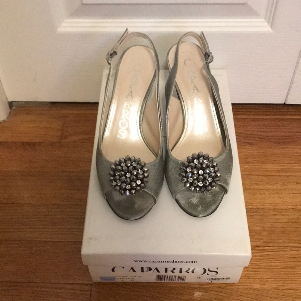 Capparos Zurina Mercury Satin sling back peep toe pumps